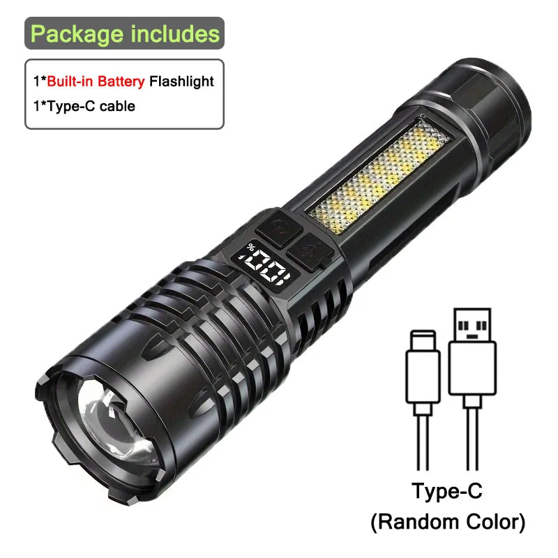 High Power Rechargeable Led Flashlight Very Strong Led Flashlight With Side Light Torch For Outdoor Camping Hiking